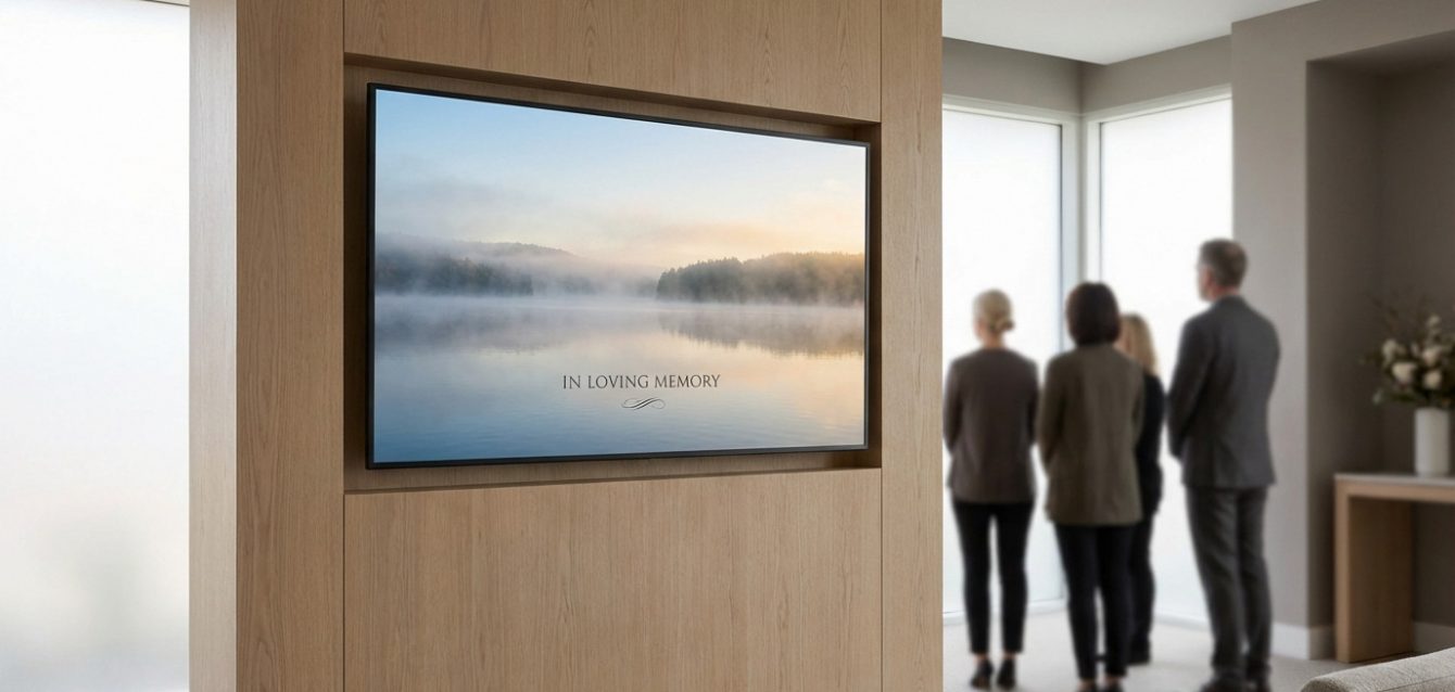 Sleek digital screen showing 'In Loving Memory' over a misty lake, integrated into a modern wood-paneled funeral home interior. Observers present.