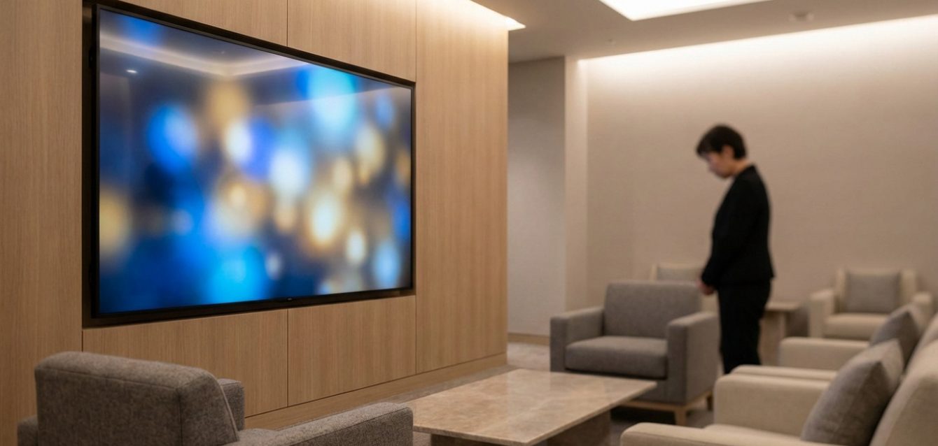 Modern, serene room with a large digital screen displaying abstract blue and gold light patterns. A person in dark attire stands contemplatively.