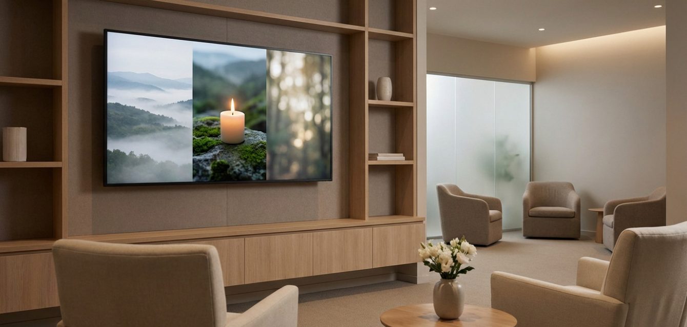 Sleek digital display in a contemporary funeral home, showing tranquil nature and a candle. Soft chairs, wood decor, muted tones.