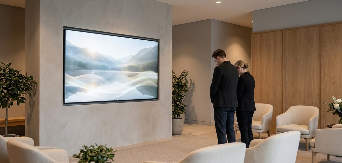 Modern, serene funeral home lounge. Large screen displays peaceful landscape. Two individuals observe respectfully amidst muted tones and soft light.