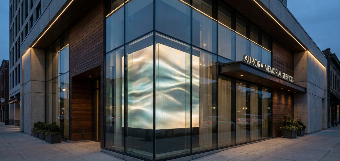 Modern funeral home storefront at dusk with a large, glowing digital screen showing serene, abstract patterns. "Aurora Memorial Services" sign visible.