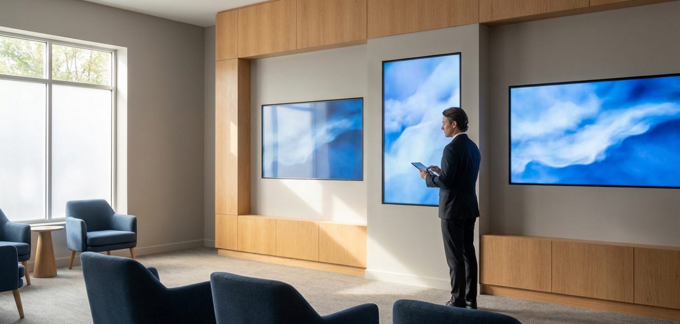 Révolution numérique en salon funéraire Homme en costume utilisant une tablette devant des écrans numériques affichant des ciels bleus dans un salon funéraire moderne avec fauteuils.