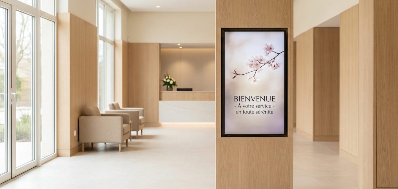 Hall d'accueil de funérarium moderne et lumineux, tons bois clair et beige. Totem numérique affichant 'BIENVENUE' avec fleur de cerisier.