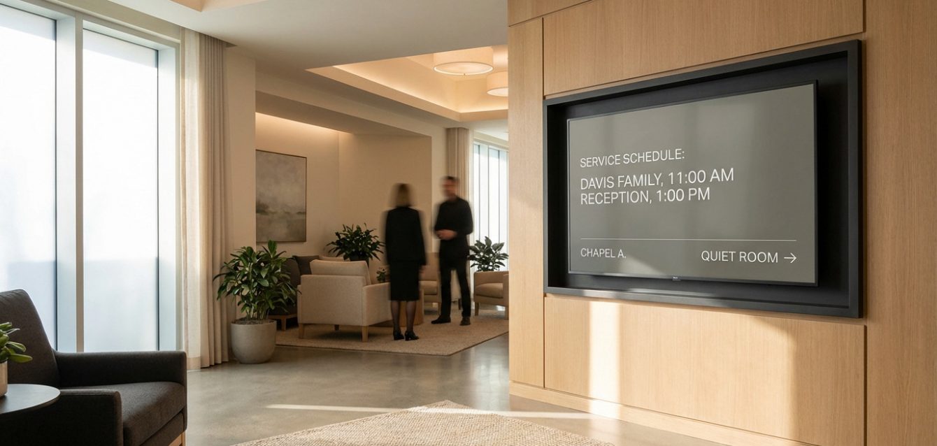 A serene, modern funeral home reception area with a large digital screen showing service schedules. Two blurred figures are in the background.