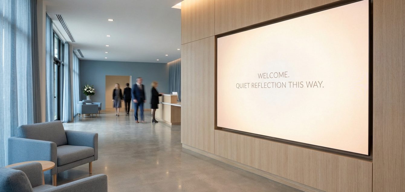 A modern, serene lobby with a large digital screen displaying "WELCOME. QUIET REFLECTION THIS WAY." Natural wood, soft lighting, and blurred figures.