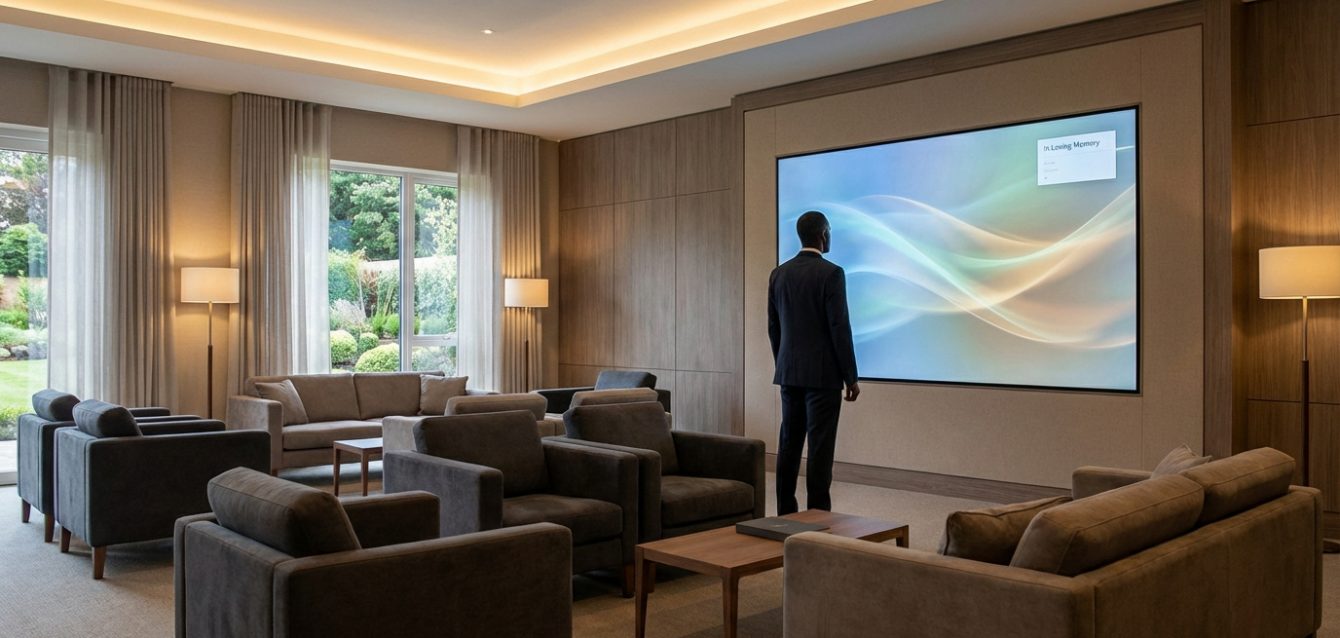 Espace de recueillement moderne et digital Salon de recueillement moderne avec un homme devant un écran affichant "In Loving Memory", canapés et vue sur jardin verdoyant.