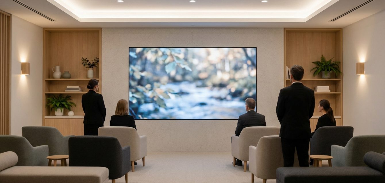 Hommage moderne : écran en salon funéraire Salon funéraire moderne avec écran diffusant un paysage. Des personnes sont assises, rendant hommage dans une atmosphère sereine.