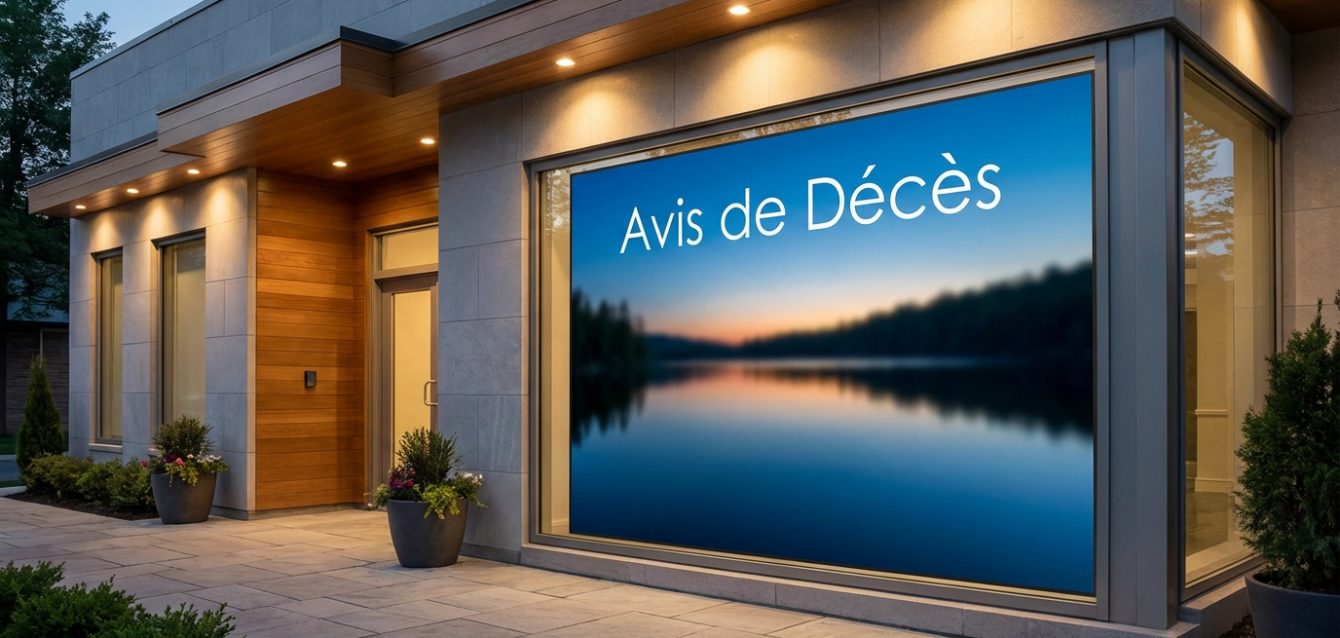 Affichage dynamique funéraire : une vitrine moderne Façade moderne de salon funéraire avec grand écran numérique affichant "Avis de Décès" sur un paysage lacustre apaisant.