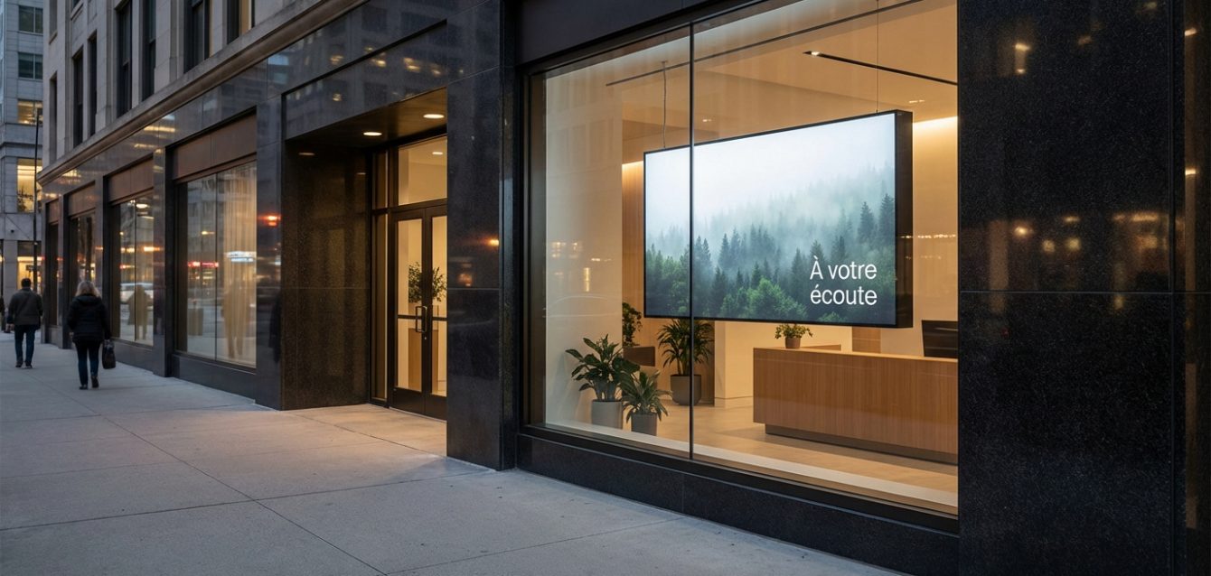 Écran vitrine pour agence funéraire moderne Vitrine d'agence funéraire moderne avec écran numérique "À votre écoute" et forêt brumeuse, au crépuscule.
