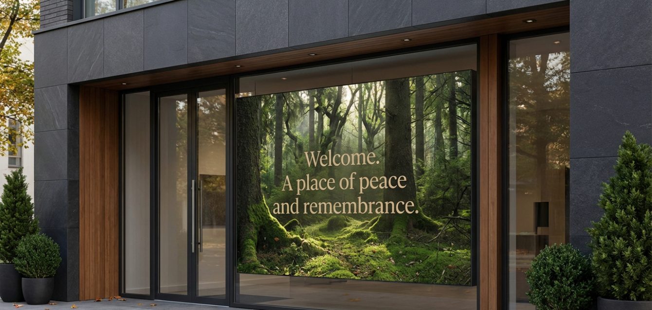 Affichage dynamique agence funéraire moderne Façade moderne d'agence funéraire. Écran affichant une forêt lumineuse et le message 'Welcome. A place of peace and remembrance.'