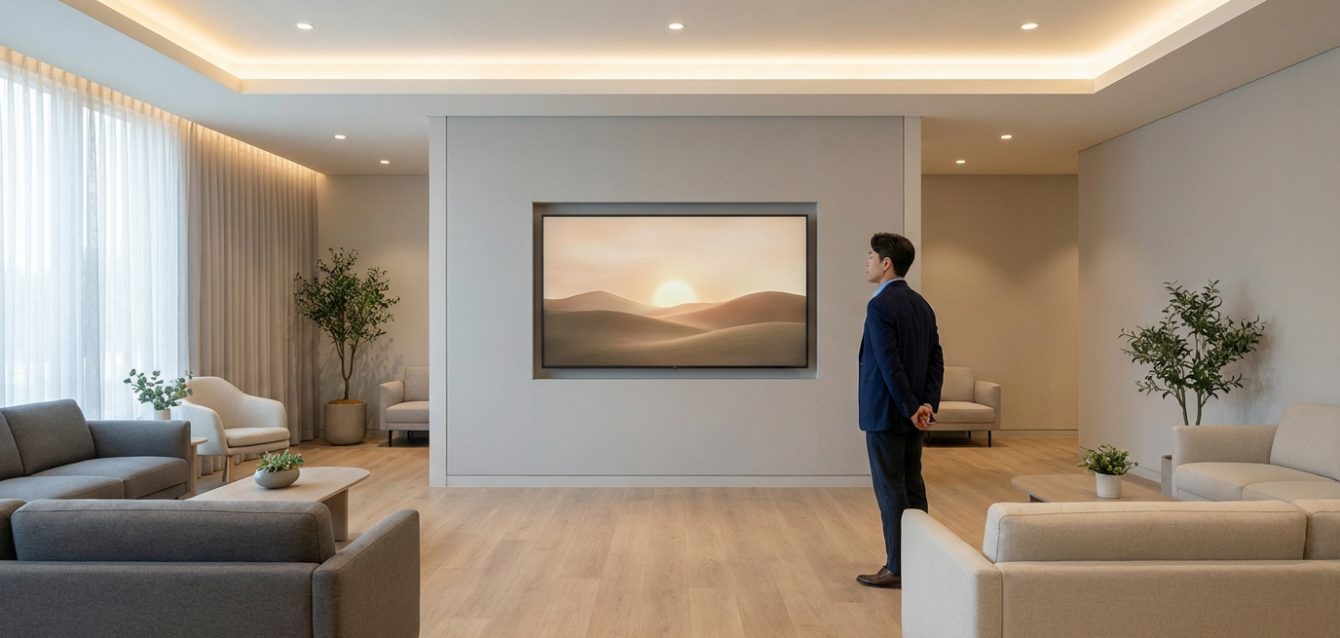 Un homme regarde un grand écran mural diffusant un paysage apaisant de dunes au lever du soleil dans un salon d'accueil moderne et lumineux.