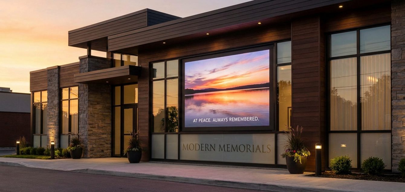 Façade moderne d'une agence funéraire avec un grand écran LED affichant un lac au coucher du soleil et le message "AT PEACE. ALWAYS REMEMBERED.".