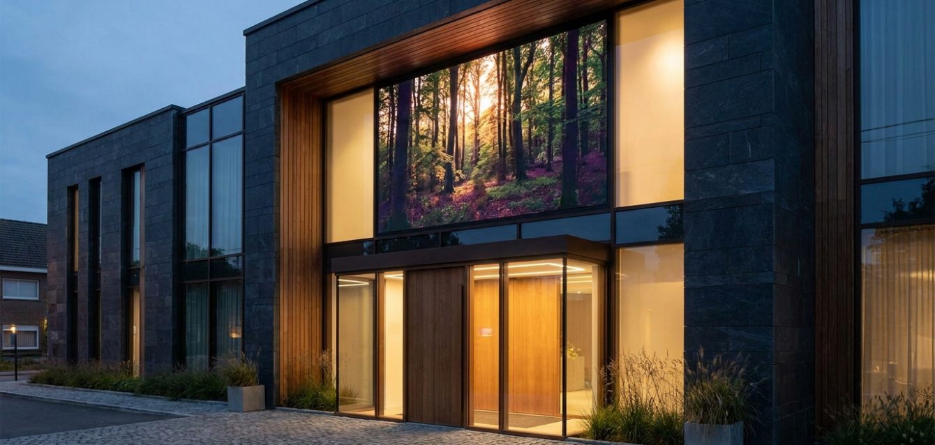 Façade d'un complexe funéraire sombre avec un grand écran affichant une forêt ensoleillée au crépuscule. Entrée vitrée lumineuse.