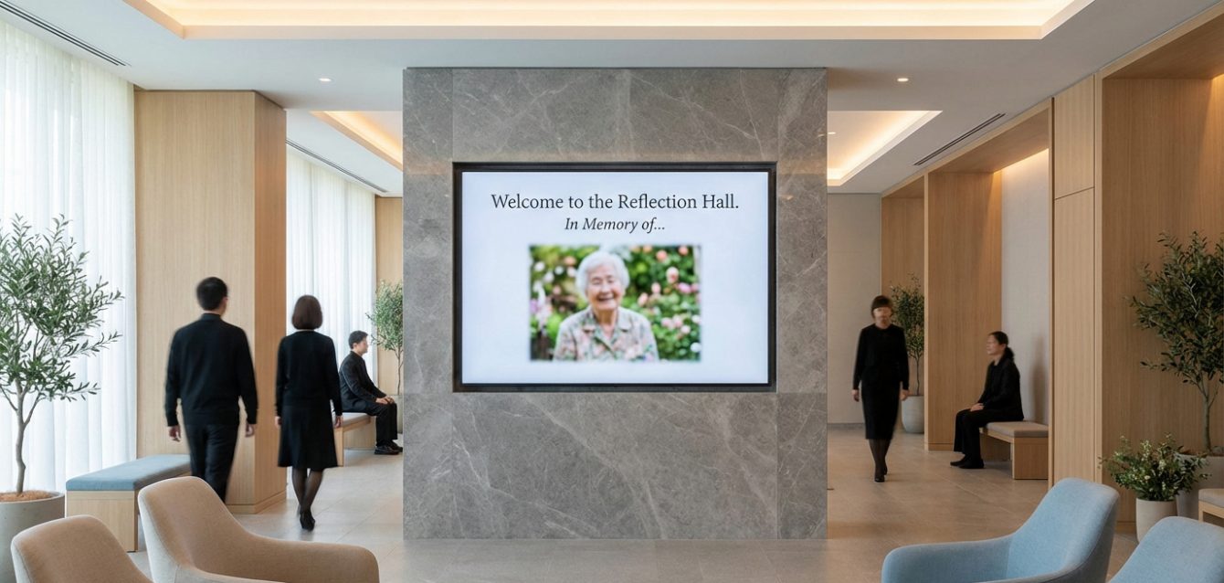 Hall d'accueil funéraire moderne avec un écran d'hommage affichant la photo d'une femme âgée souriante. Des personnes en deuil circulent.