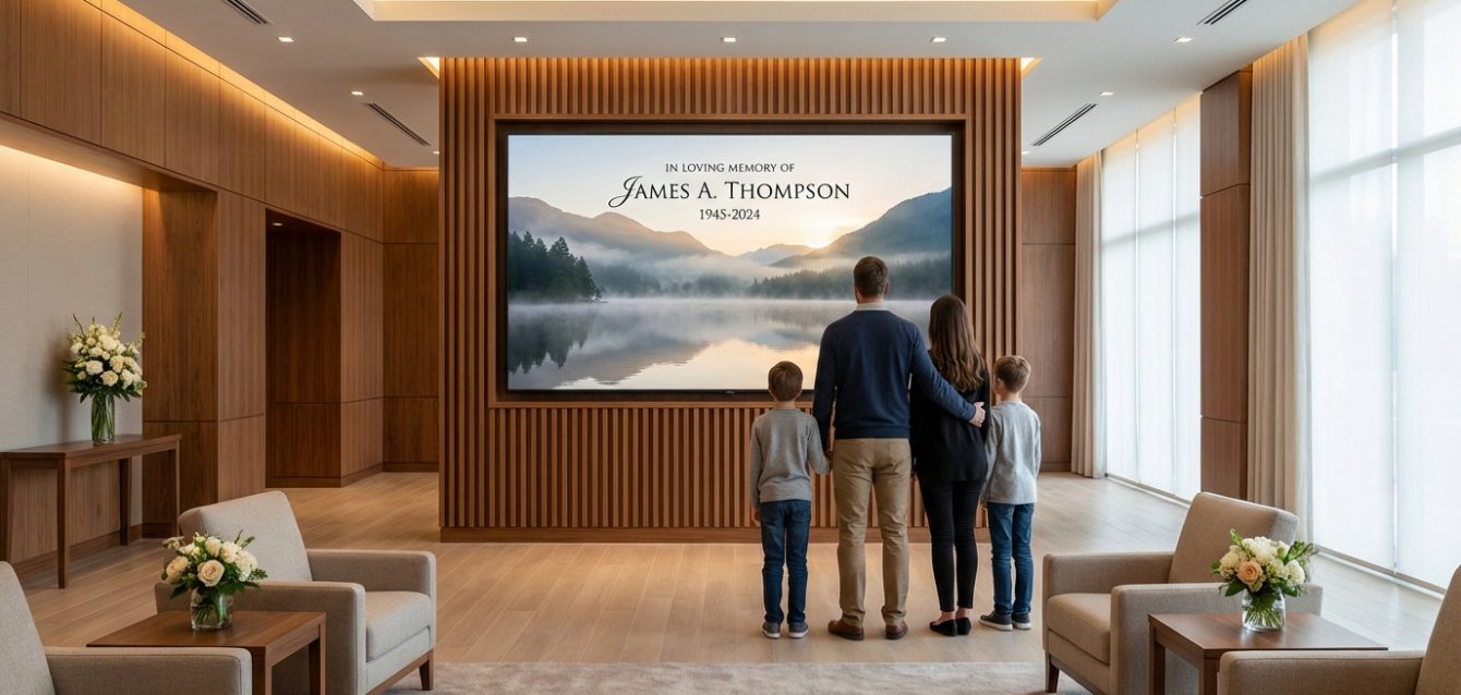 Une famille regarde un écran numérique "En mémoire de James A. Thompson" dans un salon funéraire moderne avec boiseries.
