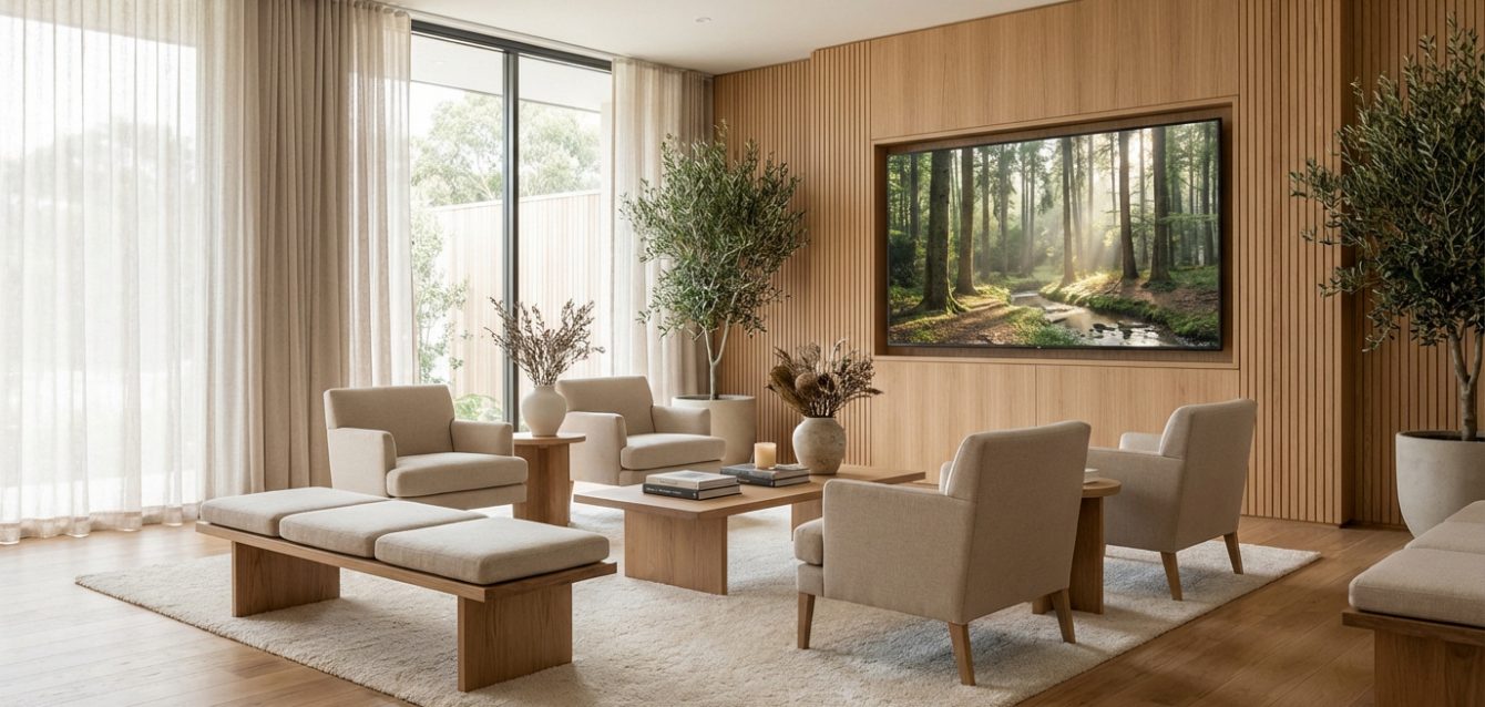 Ambiance apaisante d'un salon avec grand écran mural affichant une forêt, meubles clairs, boiseries et plantes vertes.