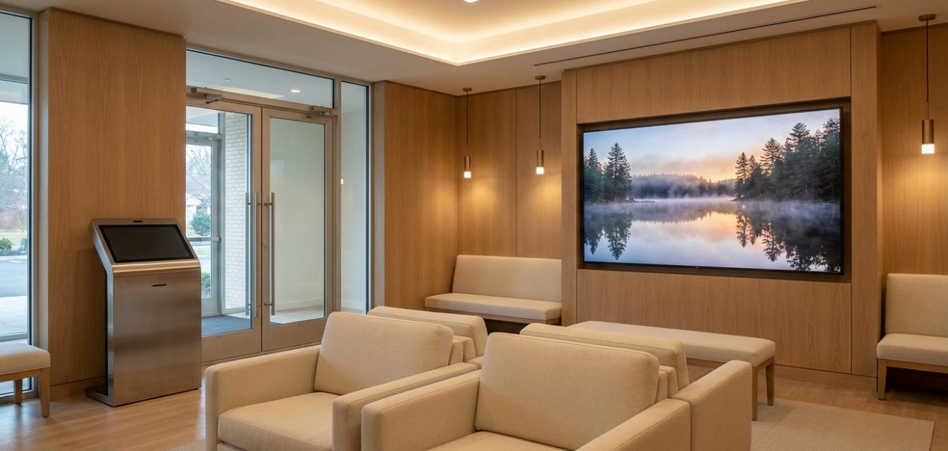 Intérieur moderne d'un salon funéraire. Kiosque numérique, grand écran avec paysage, sièges confortables, boiseries claires.