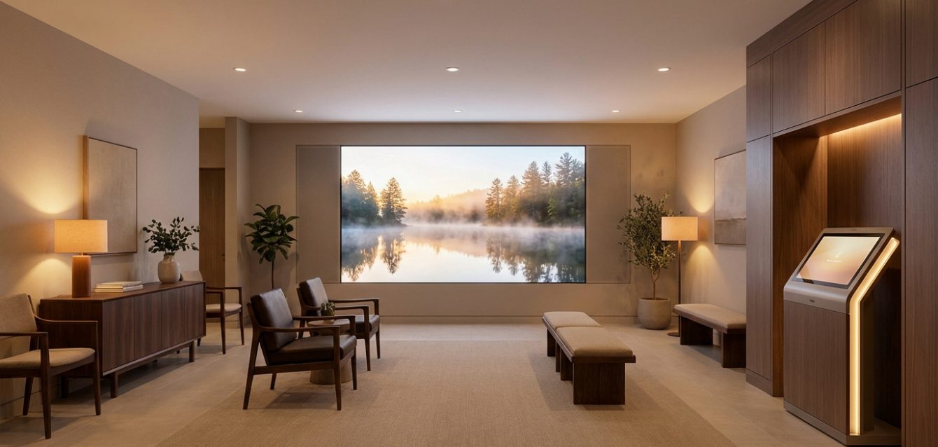 Salon d'accueil moderne et serein avec grand écran diffusant un paysage brumeux, sièges confortables et borne interactive numérique.