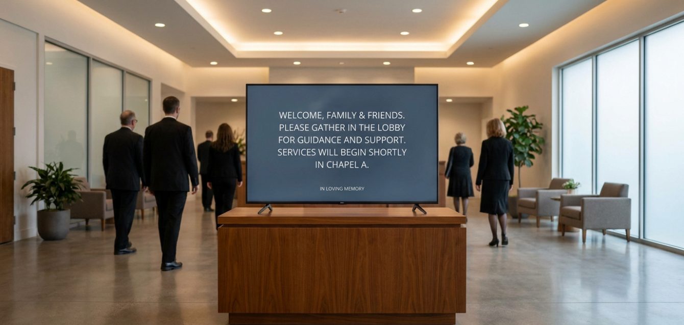 Signalétique digitale moderne en funérarium Écran numérique dans un hall de funérarium affichant un message d'accueil pour les familles avec du personnel en arrière-plan.