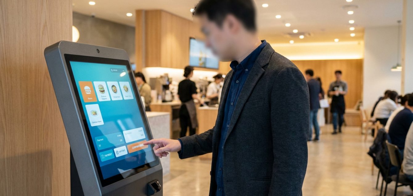 Un client utilise une borne de commande interactive dans un restaurant moderne.
