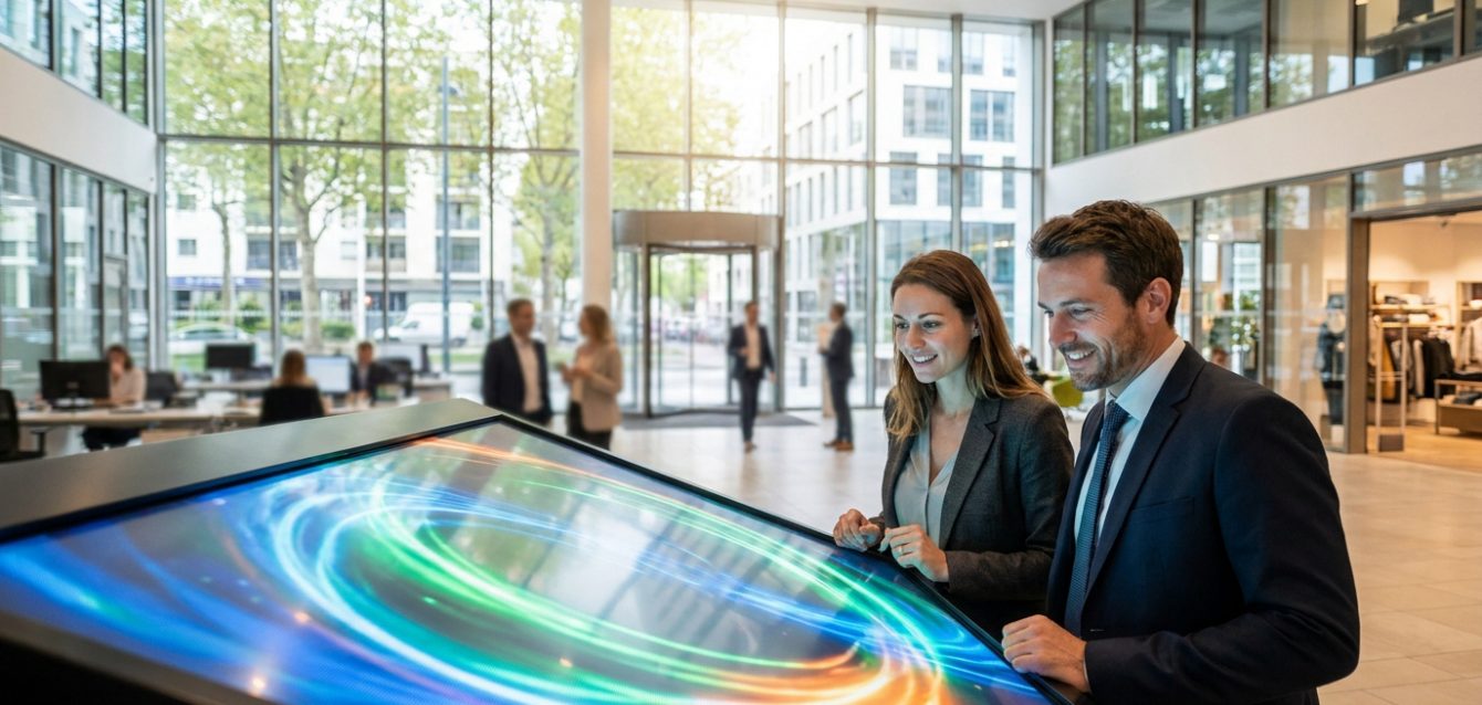 Un homme et une femme en tenue professionnelle interagissent avec un écran tactile grand format dans un hall d'entreprise.