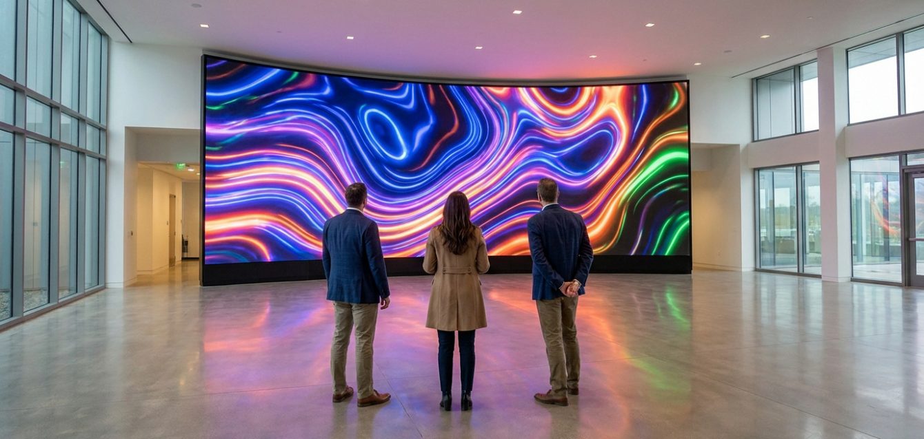 Trois personnes contemplant un immense mur LED incurvé diffusant des animations lumineuses abstraites colorées.