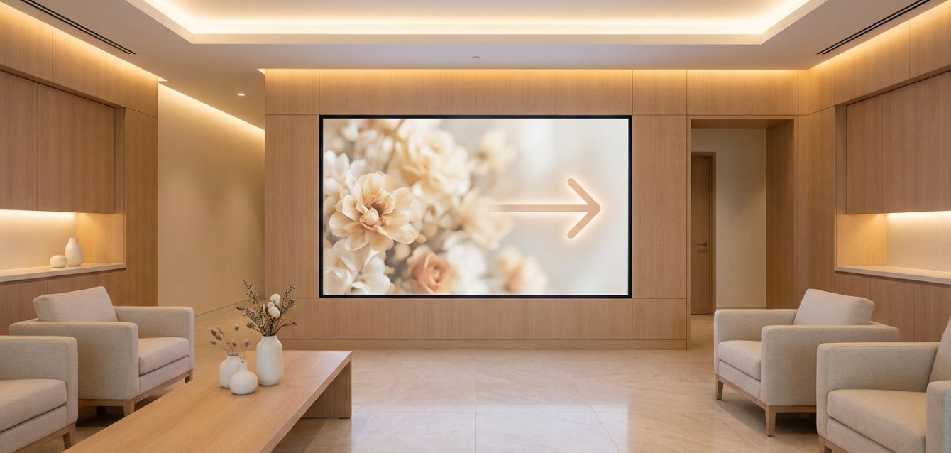 Signalétique digitale élégante en funérarium Écran numérique affichant une flèche florale dans un salon funéraire moderne aux tons bois et beige.