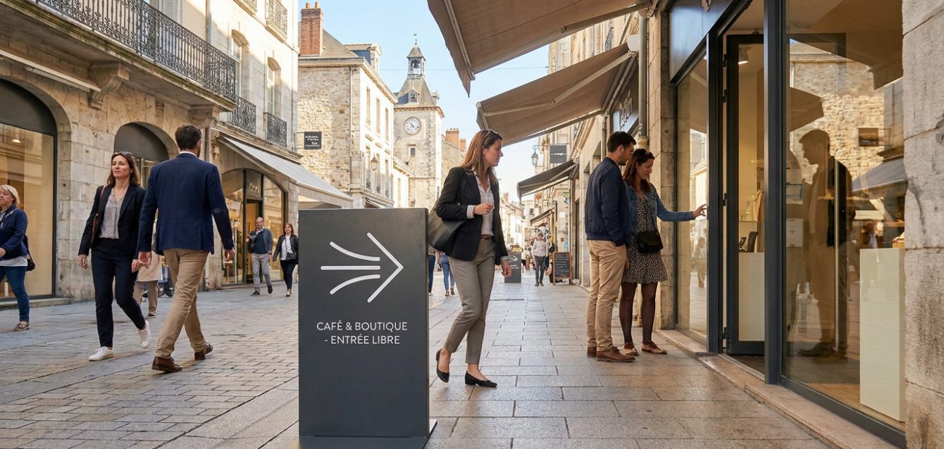 Un stop trottoir publicitaire moderne devant une boutique dans une rue piétonne animée du centre-ville de Pau.