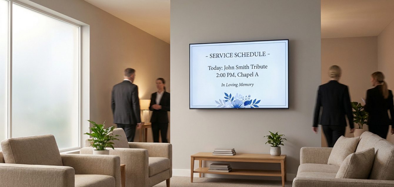 Affichage dynamique pour funérarium : accueil moderne Écran numérique dans une salle d'attente de funérarium affichant le planning des cérémonies devant du personnel.