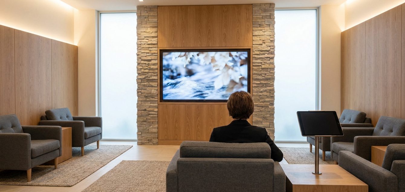 Une personne assise dans un salon funéraire moderne face à un grand écran diffusant une vidéo apaisante.