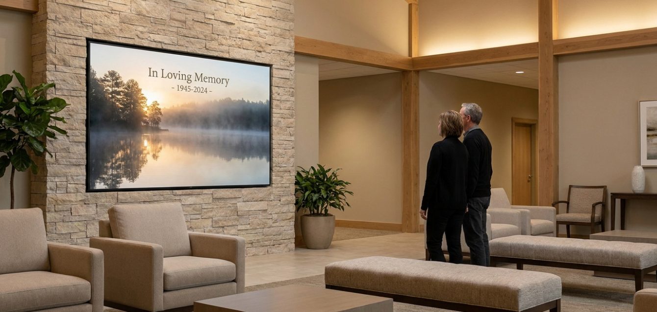 Un couple regarde un grand écran affichant "In Loving Memory" dans un salon funéraire moderne aux tons apaisants.