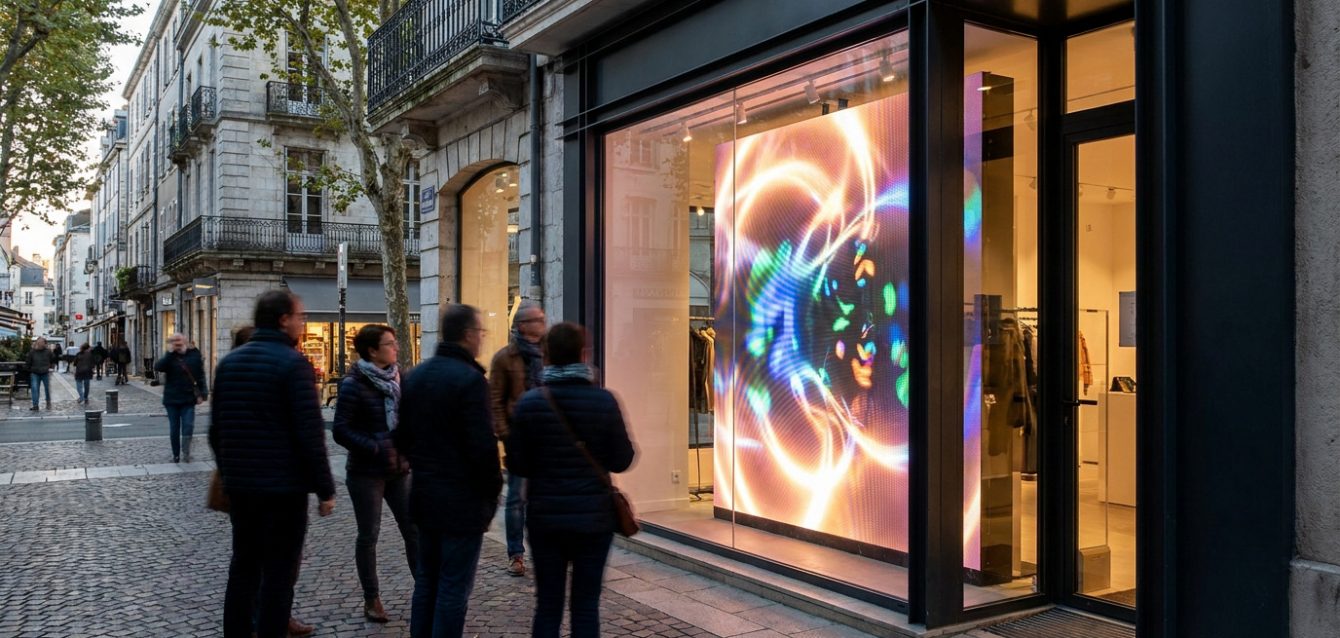 Des passants observent un grand écran LED diffusant des animations colorées dans une vitrine de magasin à Pau.